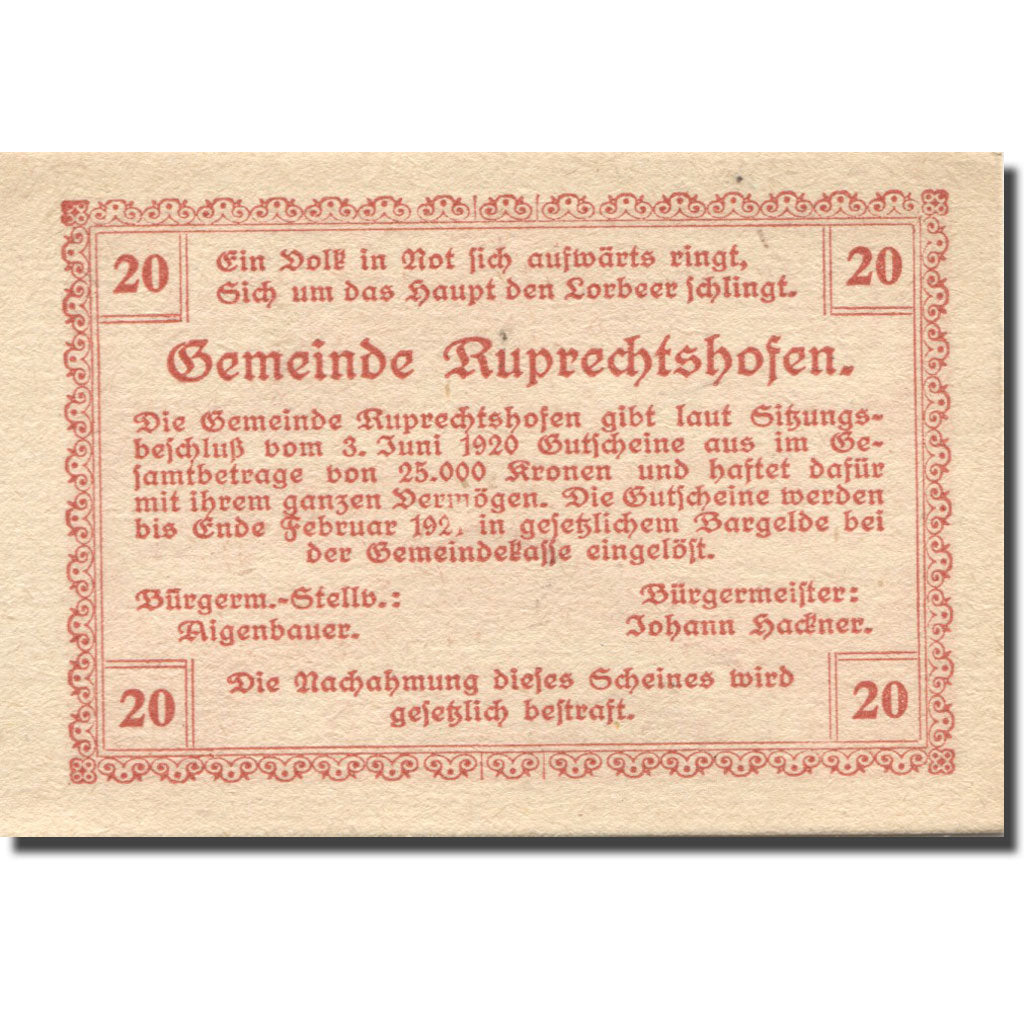 Geldschein, Österreich, Ruprechtshofen, 20Heller 1920 rot UNZ Mehl:FS 901