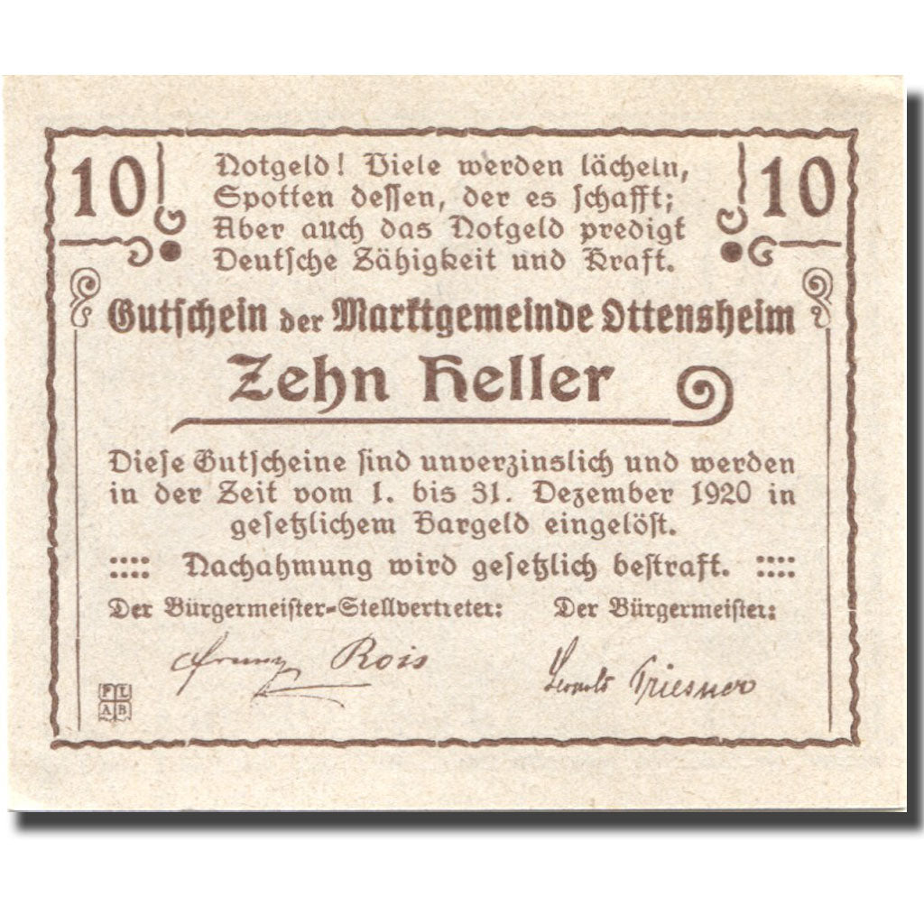 Banconote, Austria, Ottensheim, 10 Heller, château, 1920 SPL Mehl:FS 717