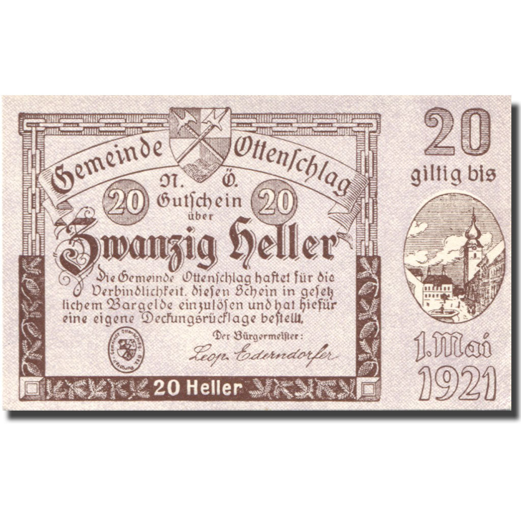 Geldschein, Österreich, Ottenschlag, 20 Heller, château, 1921 UNZ Mehl:FS 716a