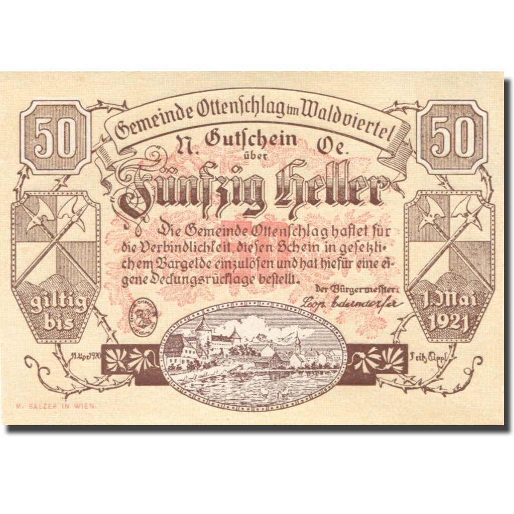 Banconote, Austria, Ottenschlag, 50 Heller, Blason, 1921 SPL Mehl:FS 716a