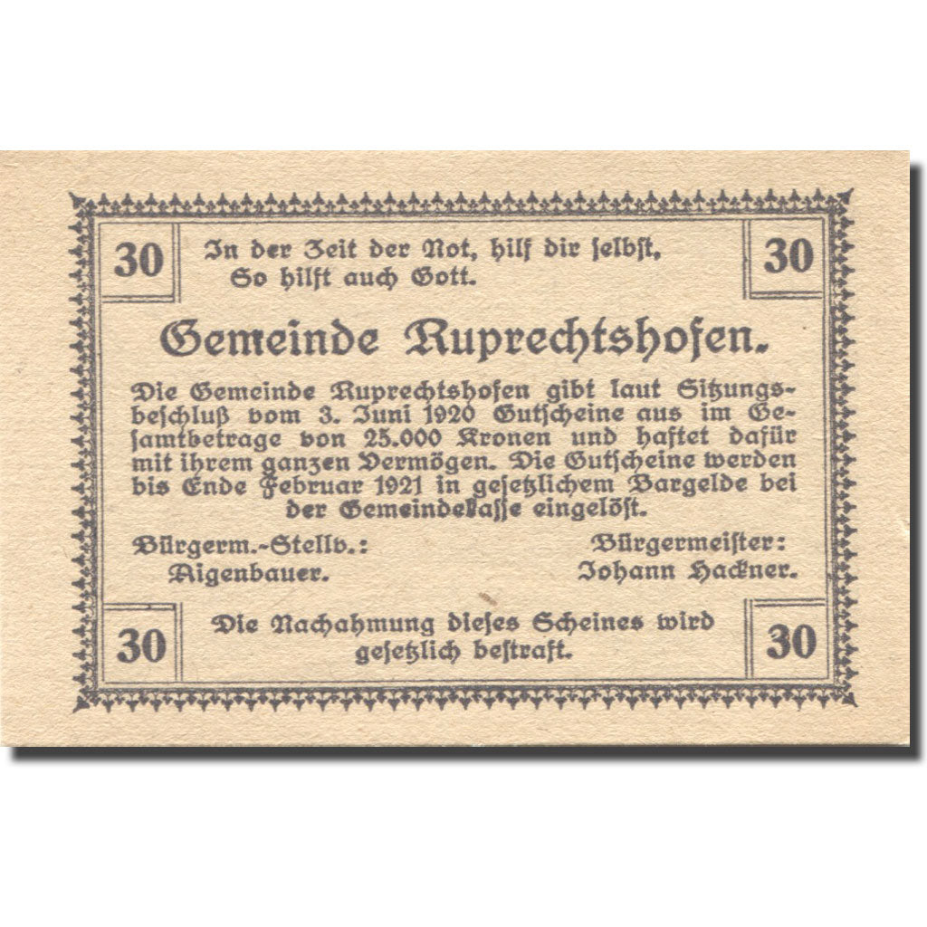 Banconote, Austria, Ruprechtshofen, 30 Heller, pêcheur, 1920 SPL Mehl:FS 901