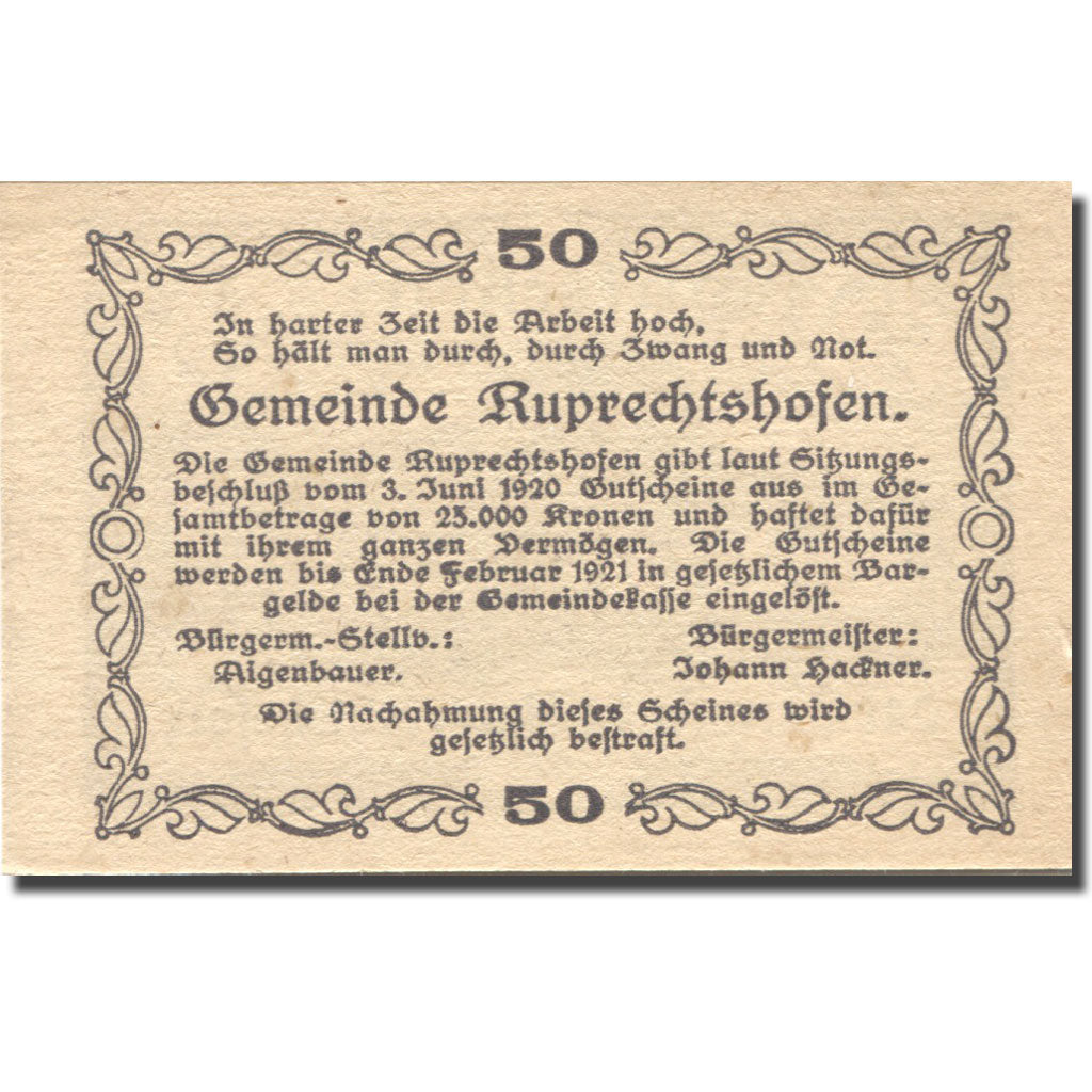 Banconote, Austria, Ruprechtshofen, 50 Heller, château, 1920 SPL Mehl:FS 901