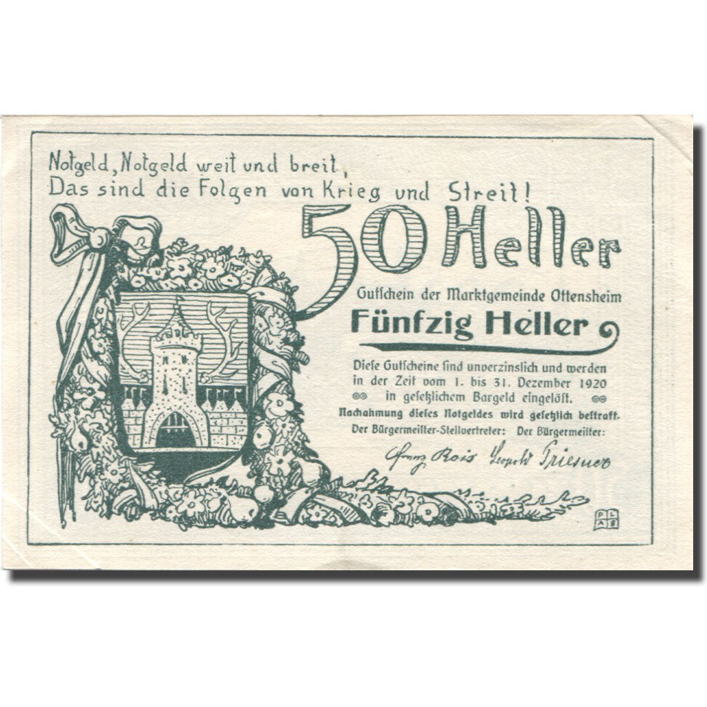 Geldschein, Österreich, Ottensheim, 50 Heller, Blason, 1920 UNZ- Mehl:FS 717