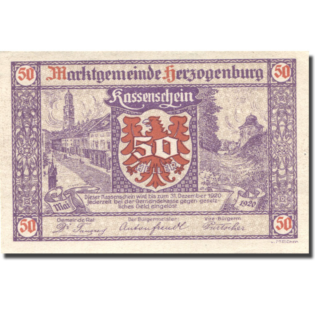 Banconote, Austria, Herzogenburg, 50 Heller, Blason, 1920 SPL Mehl:FS 367