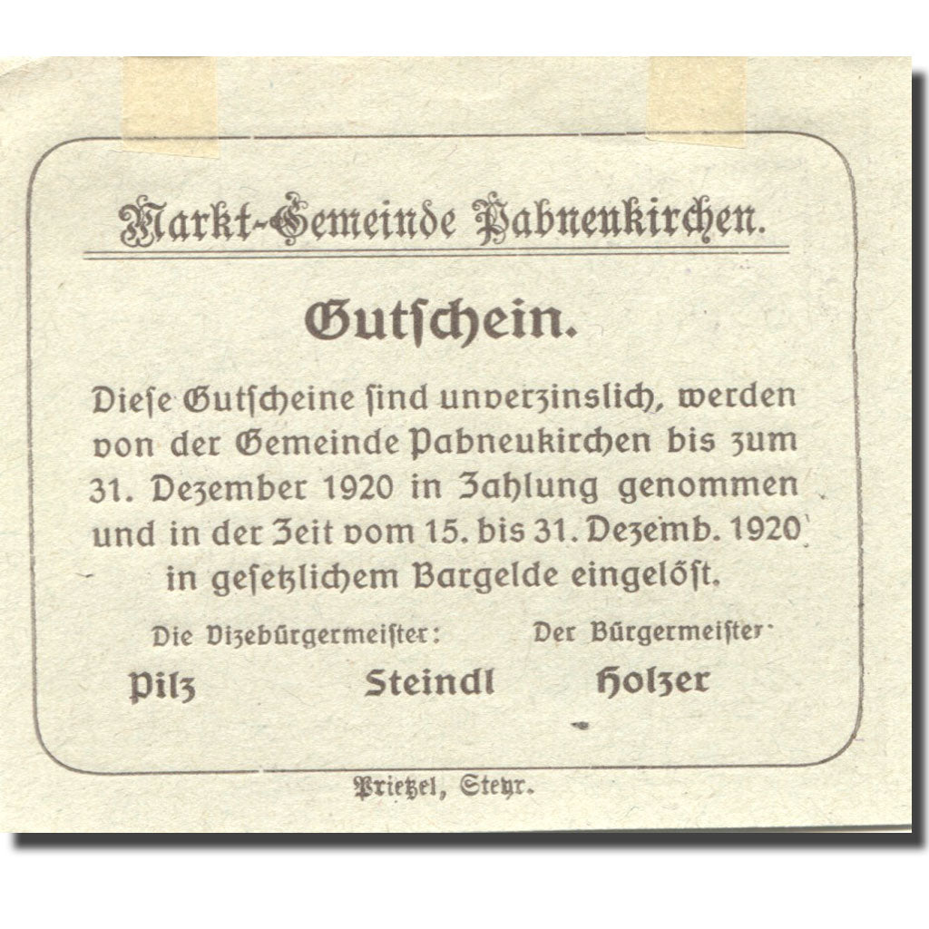 Banconote, Austria, Pabneukirchen, 20 Heller, village, 1920, SPL Mehl:FS 719d