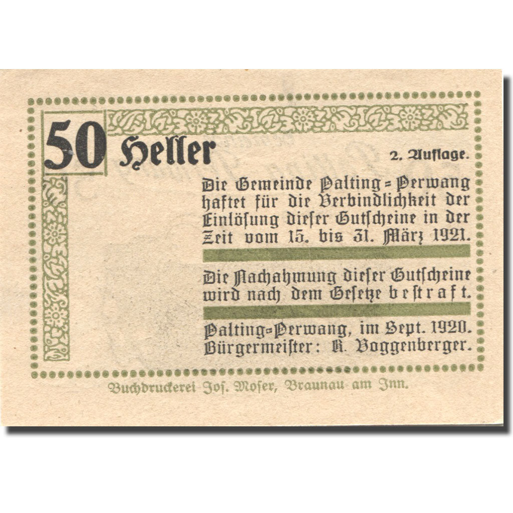 Banconote, Austria, Palting-Perwang, 50 Heller, village, 1921 SPL Mehl:FS 720a3