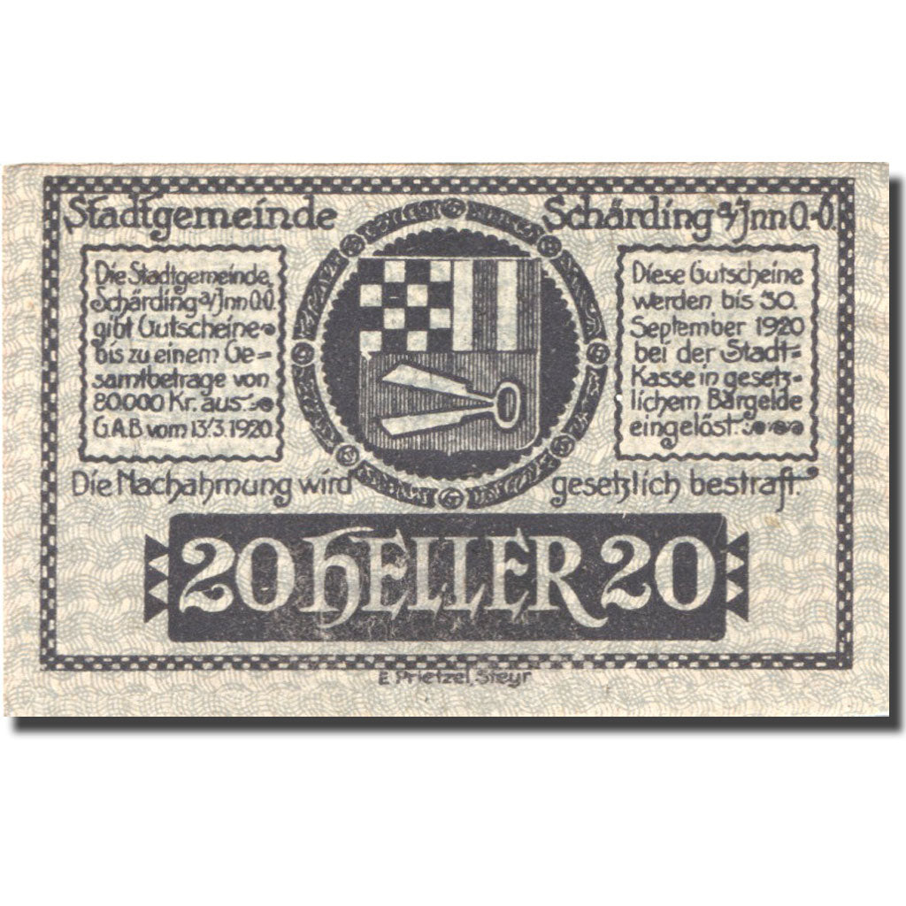 Banconote, Austria, Schärding, 20 Heller, château, 1920 SPL Mehl:FS 951I