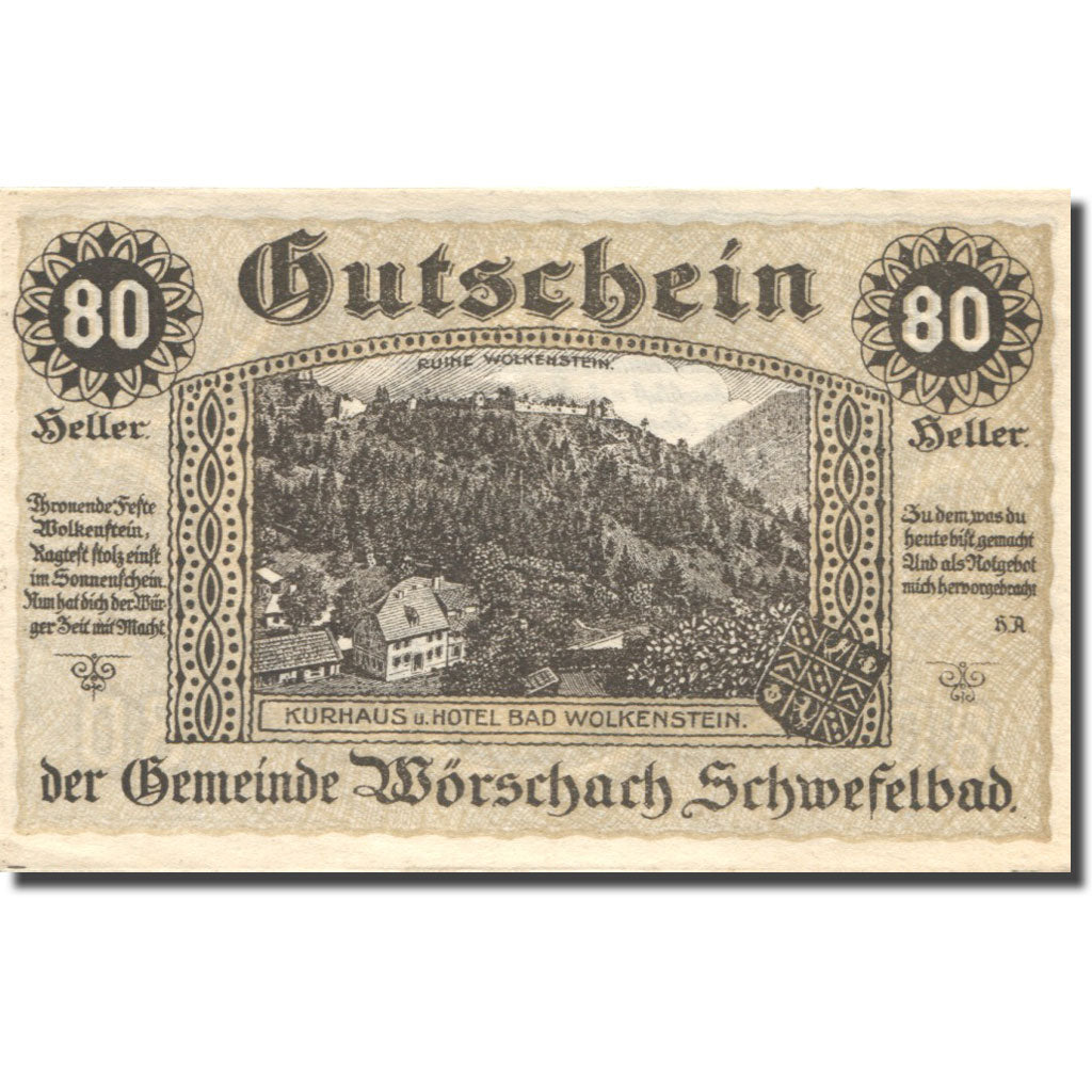 Geldschein, Österreich, Worschach, 80 Heller, Forêt, 1920 UNZ- Mehl:FS 1254