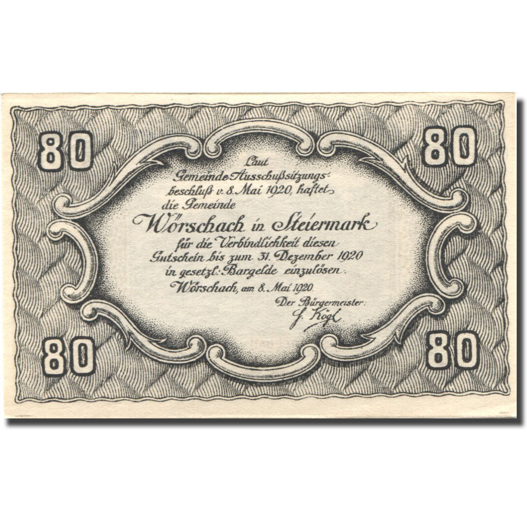 Geldschein, Österreich, Worschach, 80 Heller, Forêt, 1920 UNZ- Mehl:FS 1254