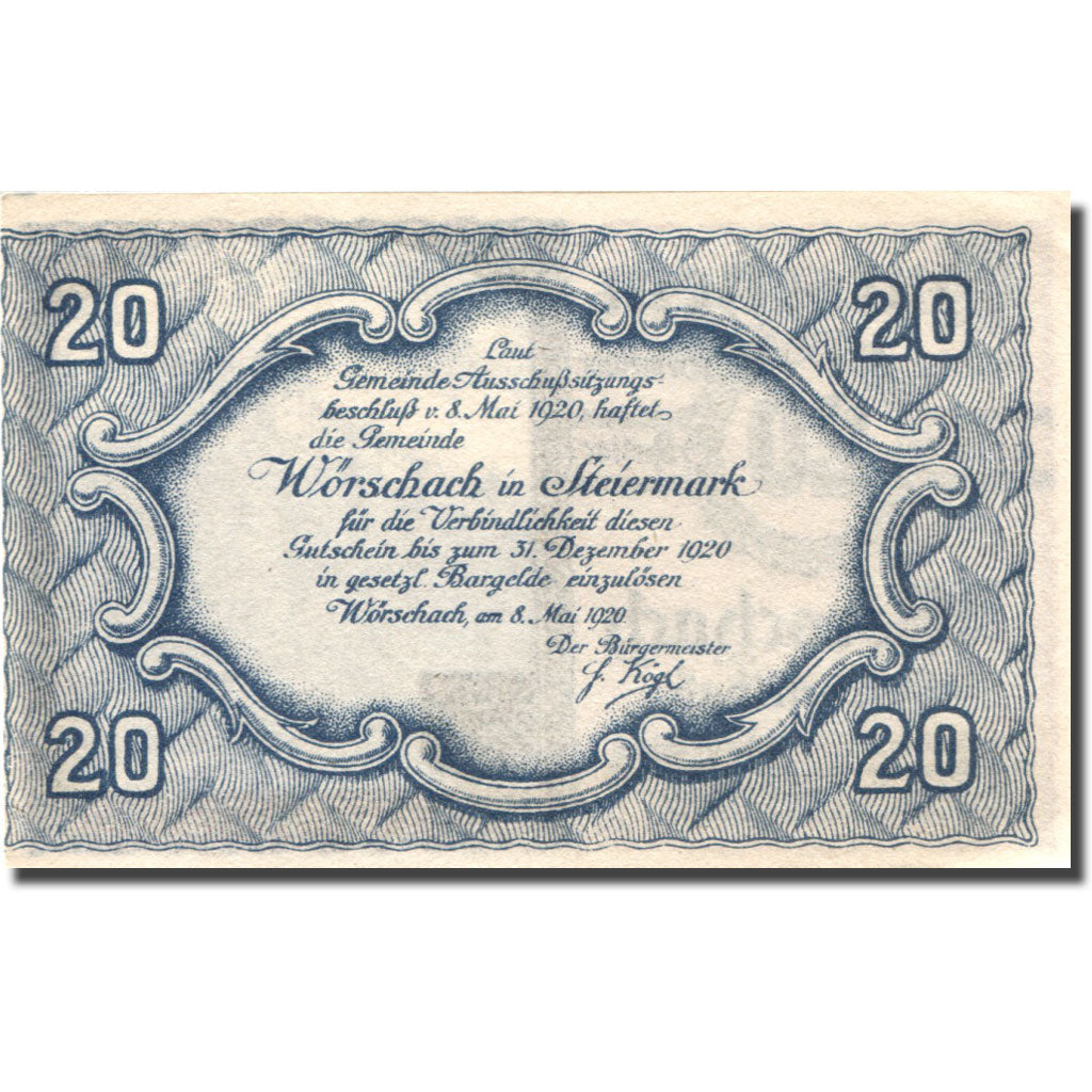 Banconote, Austria, Worschach, 20 Heller, château, 1920 SPL Mehl:FS 1254