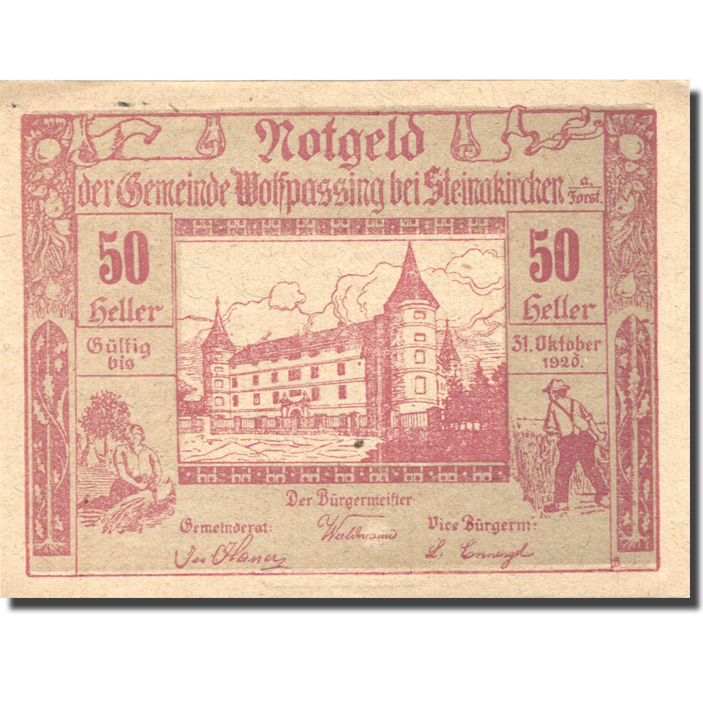 Geldschein, Österreich, Wolfpassing, 50 Heller, château, 1920 UNZ Mehl:FS 1249I