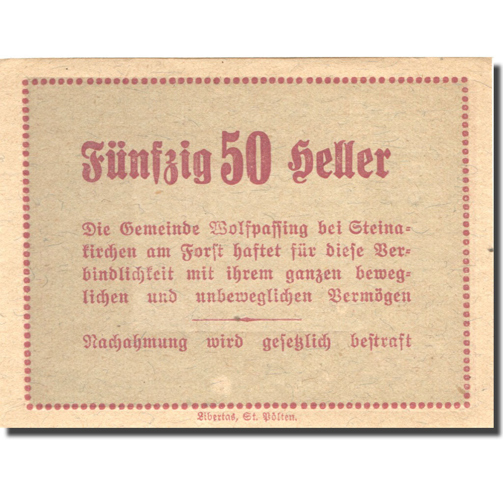 Geldschein, Österreich, Wolfpassing, 50 Heller, château, 1920 UNZ Mehl:FS 1249I
