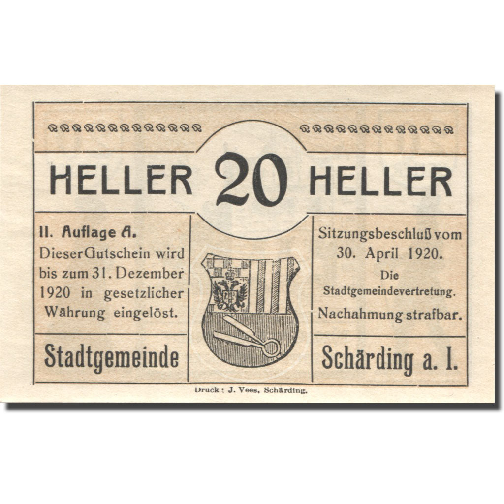 Banconote, Austria, Schärding, 20 Heller, Blason, 1920 SPL Mehl:FS 951IIb