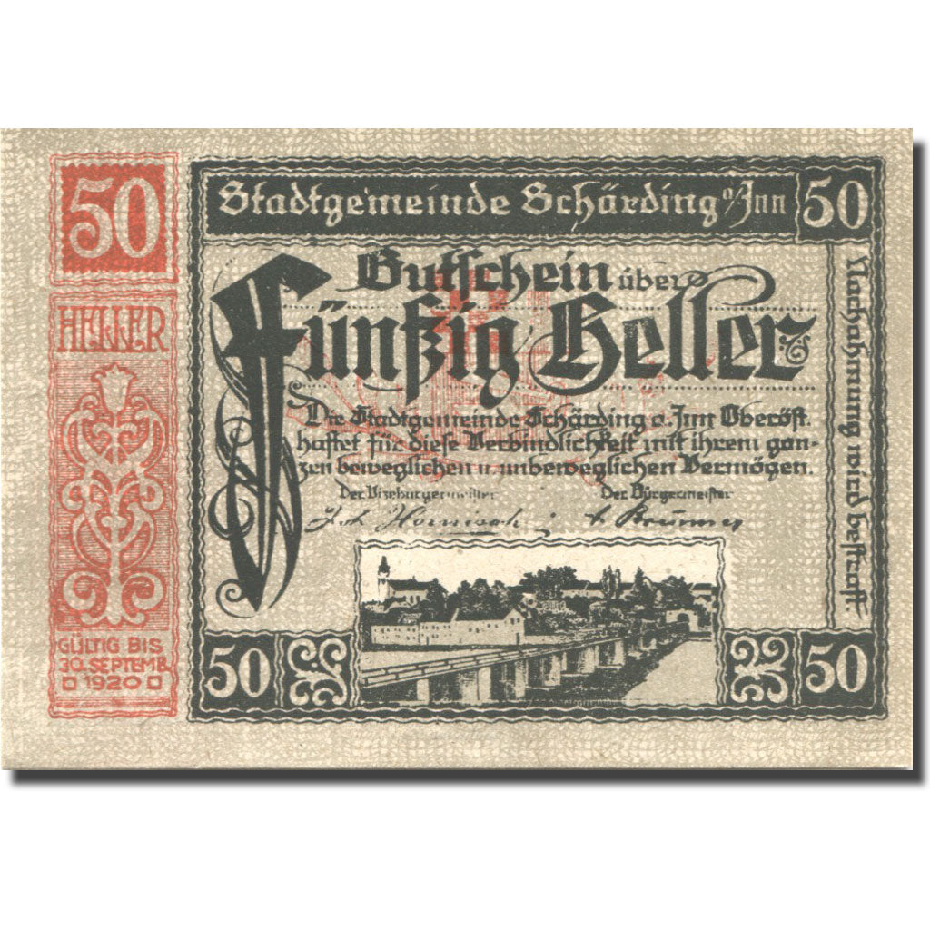 Geldschein, Österreich, Schärding, 50 Heller, pont, 1920 UNZ- Mehl:FS 951I