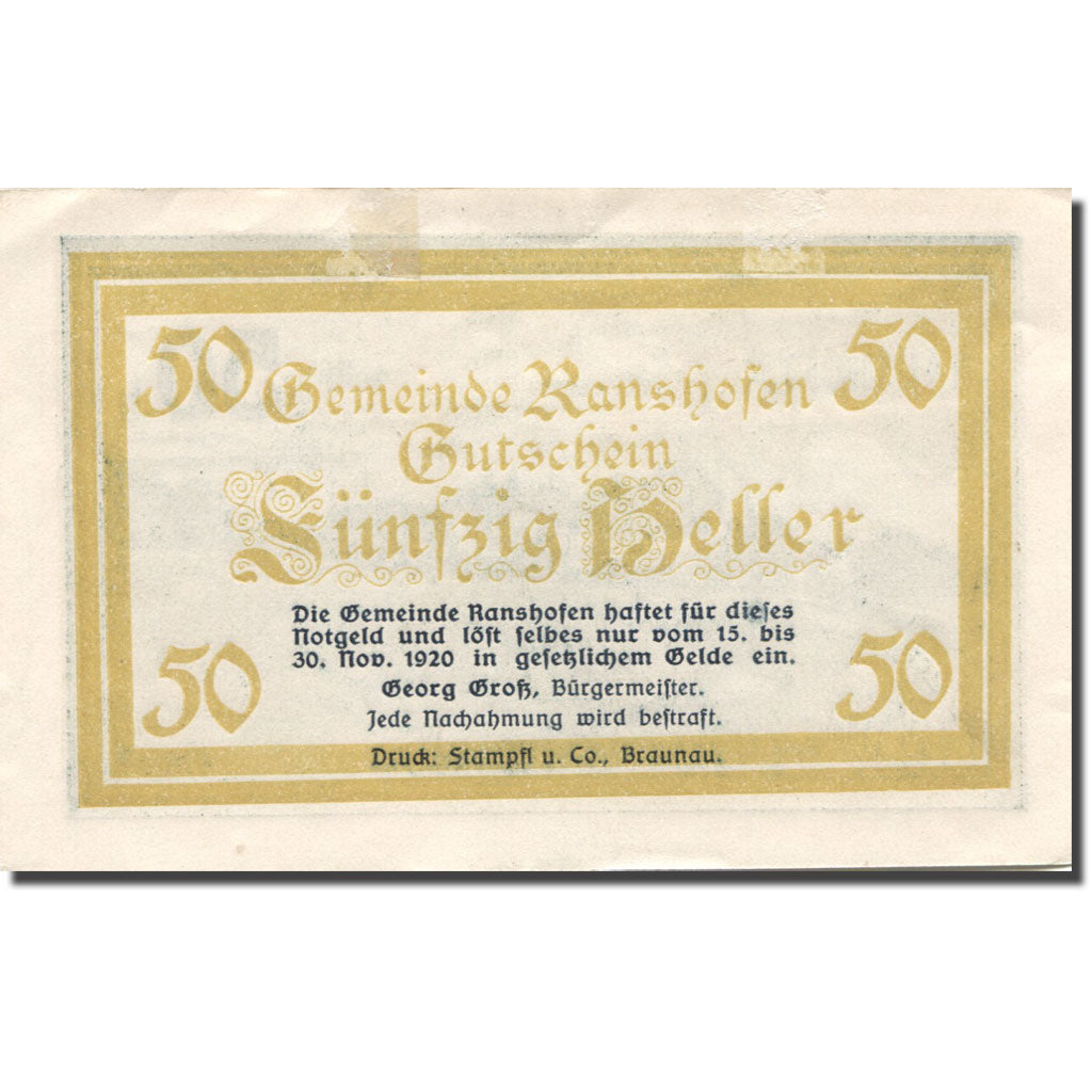 Billet, Autriche, Ranshofen, 50 Heller, paysage 1920-11-30, SUP, Mehl:FS 819