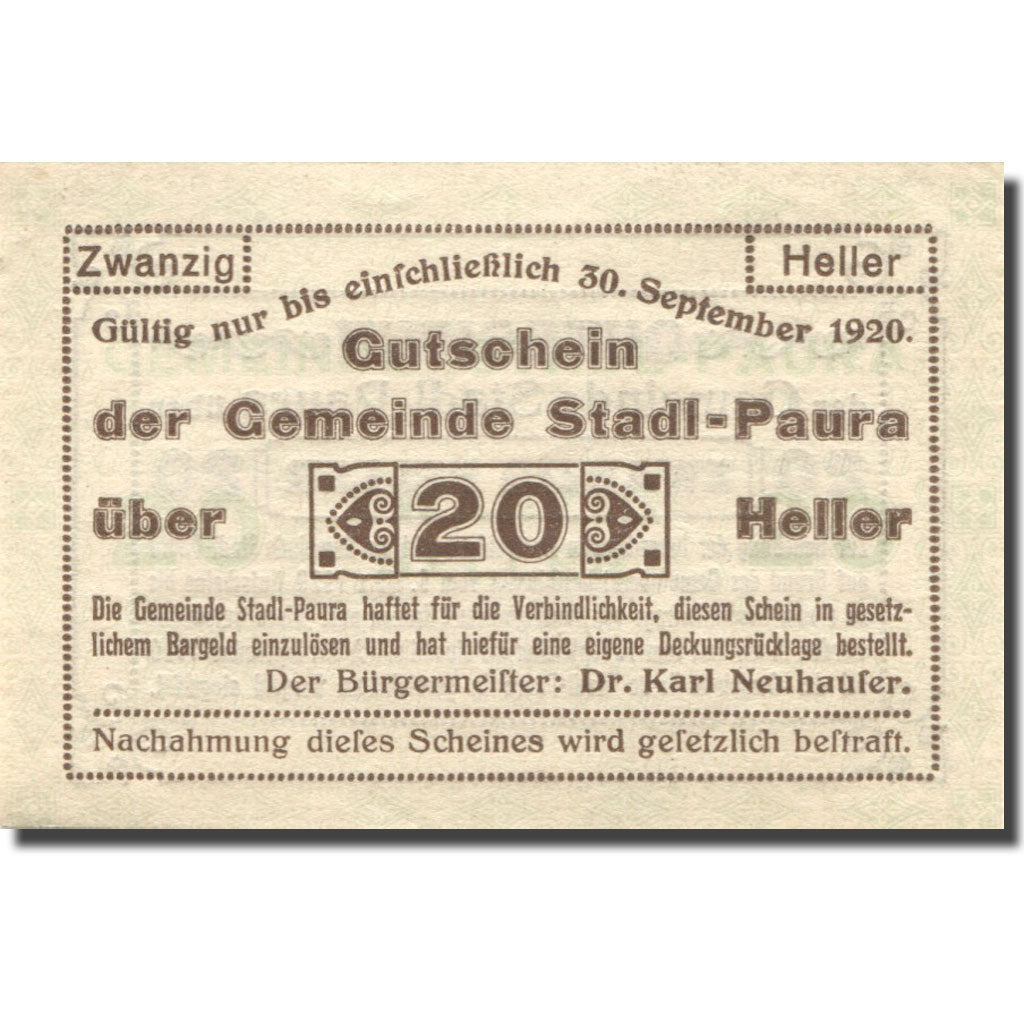 Banconote, Austria, Paura, 20 Heller, valeur faciale, 1920, SPL Mehl:FS 1008Ia
