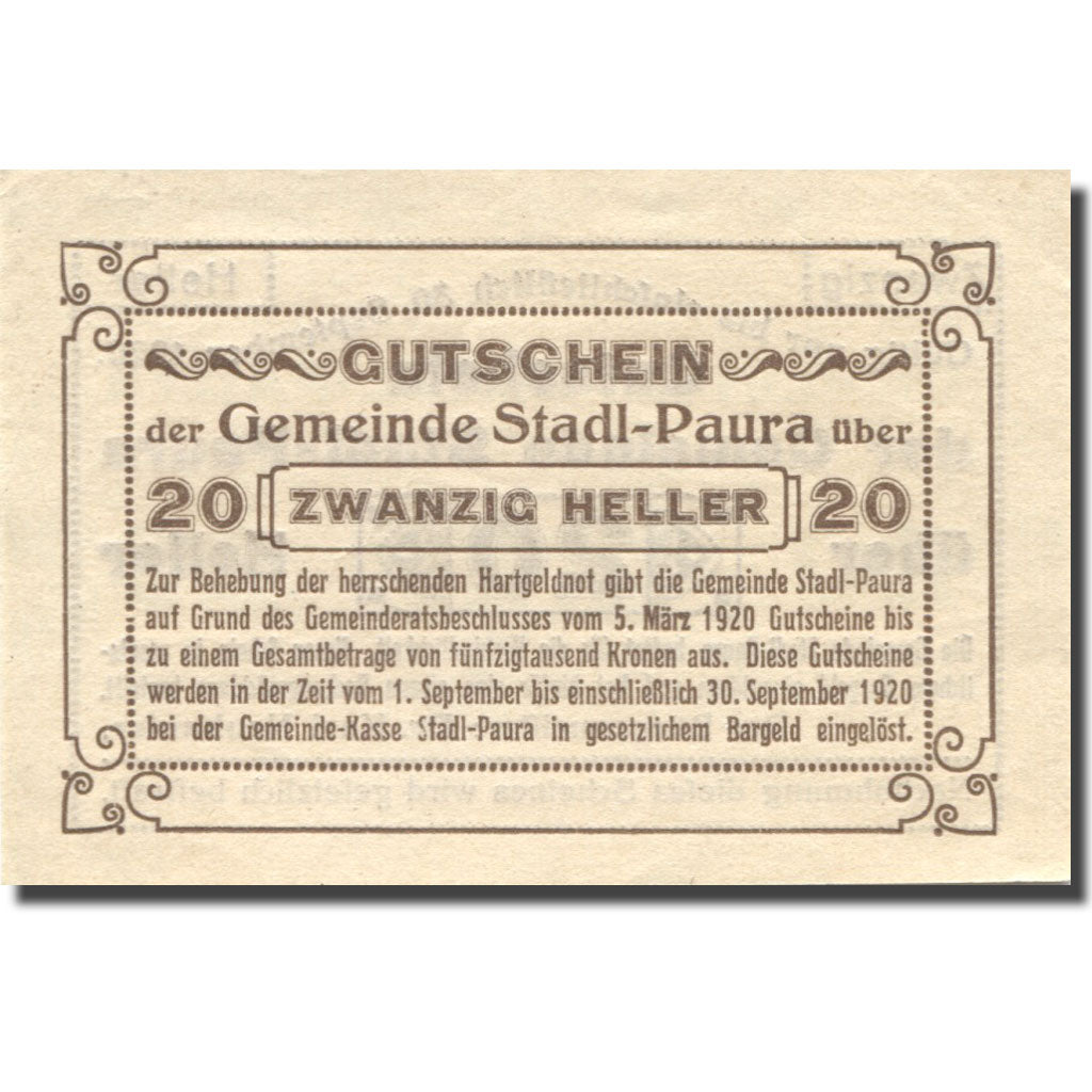 Banconote, Austria, Paura, 20 Heller, valeur faciale, 1920, SPL Mehl:FS 1008Ia