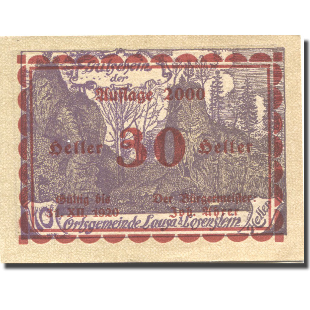 Banconote, Austria, Lausa, 30 Heller, Forêt, 1920 SPL, Mehl:FS 506IcE