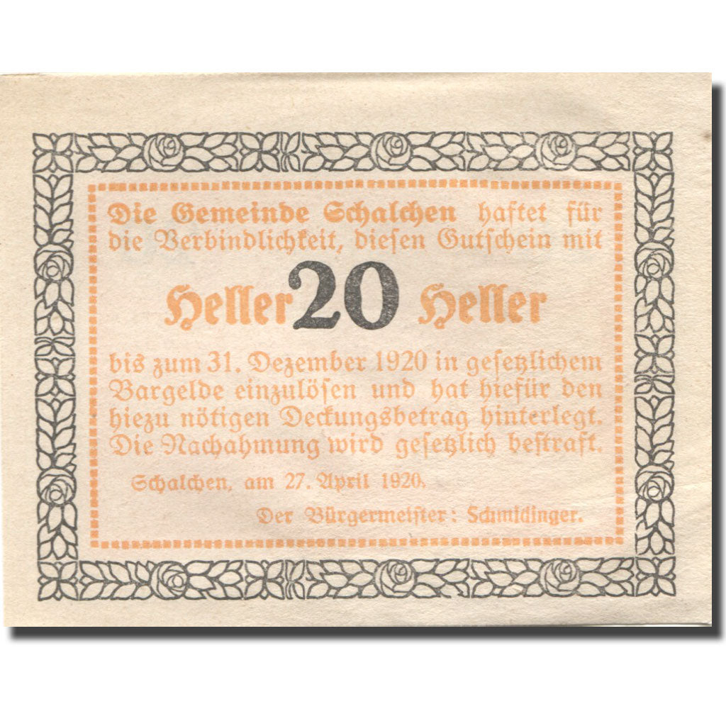 Banconote, Austria, Schalchen, 20 Heller, Eglise 1920-04-27, SPL Mehl:FS 952a