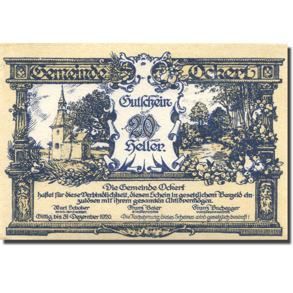 Geldschein, Österreich, Ockert, 20 Heller, Eglise, 1920 UNZ- Mehl:FS 702a