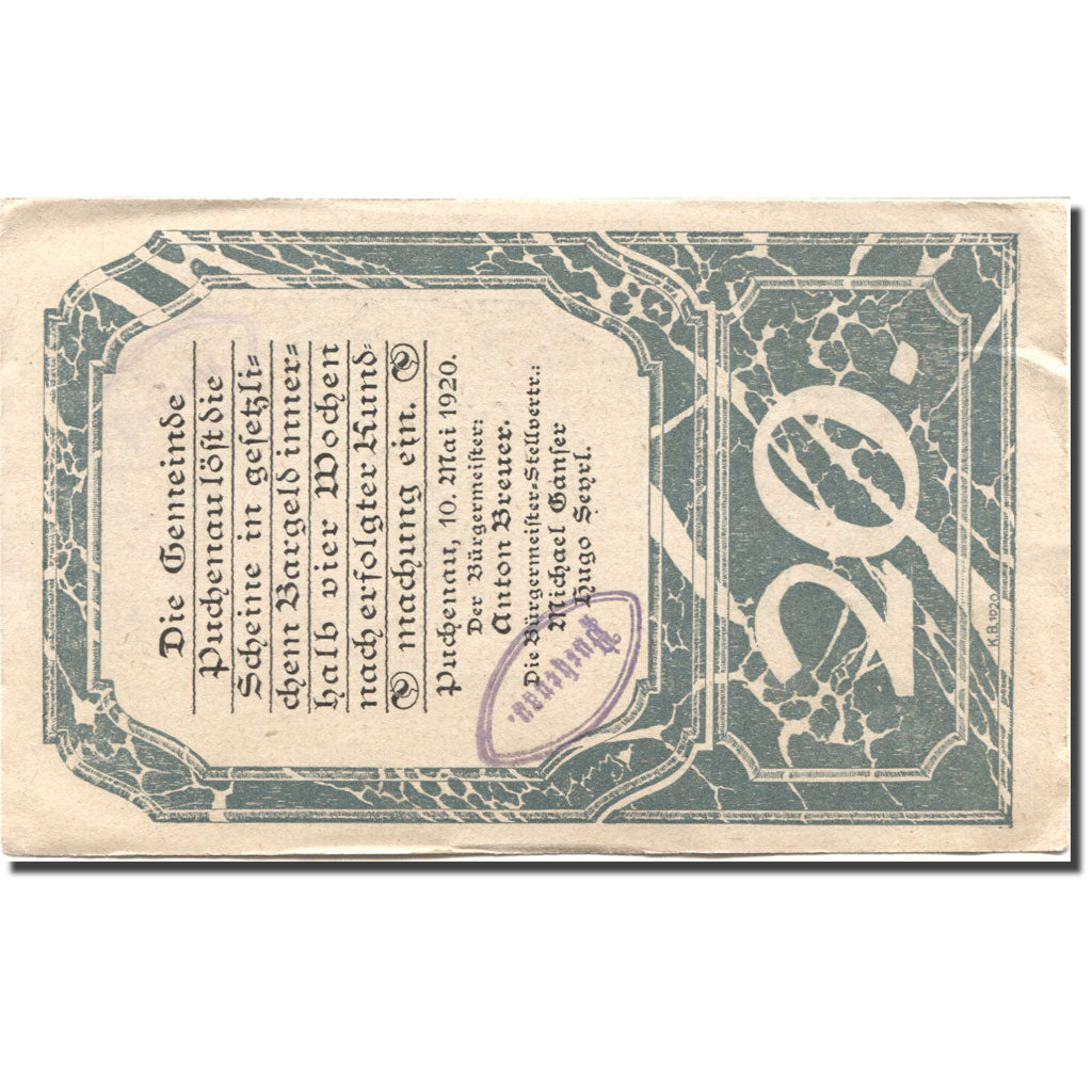 Banconote, Austria, Puchenau, 20 Heller, village, 1920 SPL- Mehl:FS 788