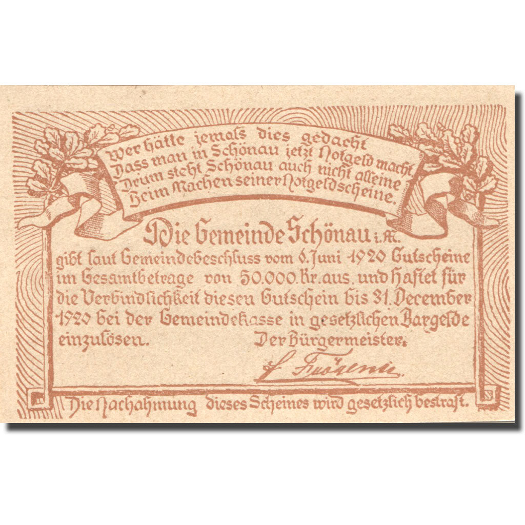 Banconote, Austria, Schönau, 20 Heller, château 1920-12-31, SPL Mehl:FS 966b