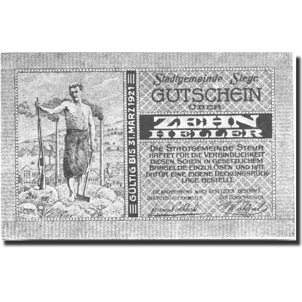Biljet, Oostenrijk, Steyr, 10 Heller, personnage 1921-03-31, SPL Mehl:FS 1034IIa