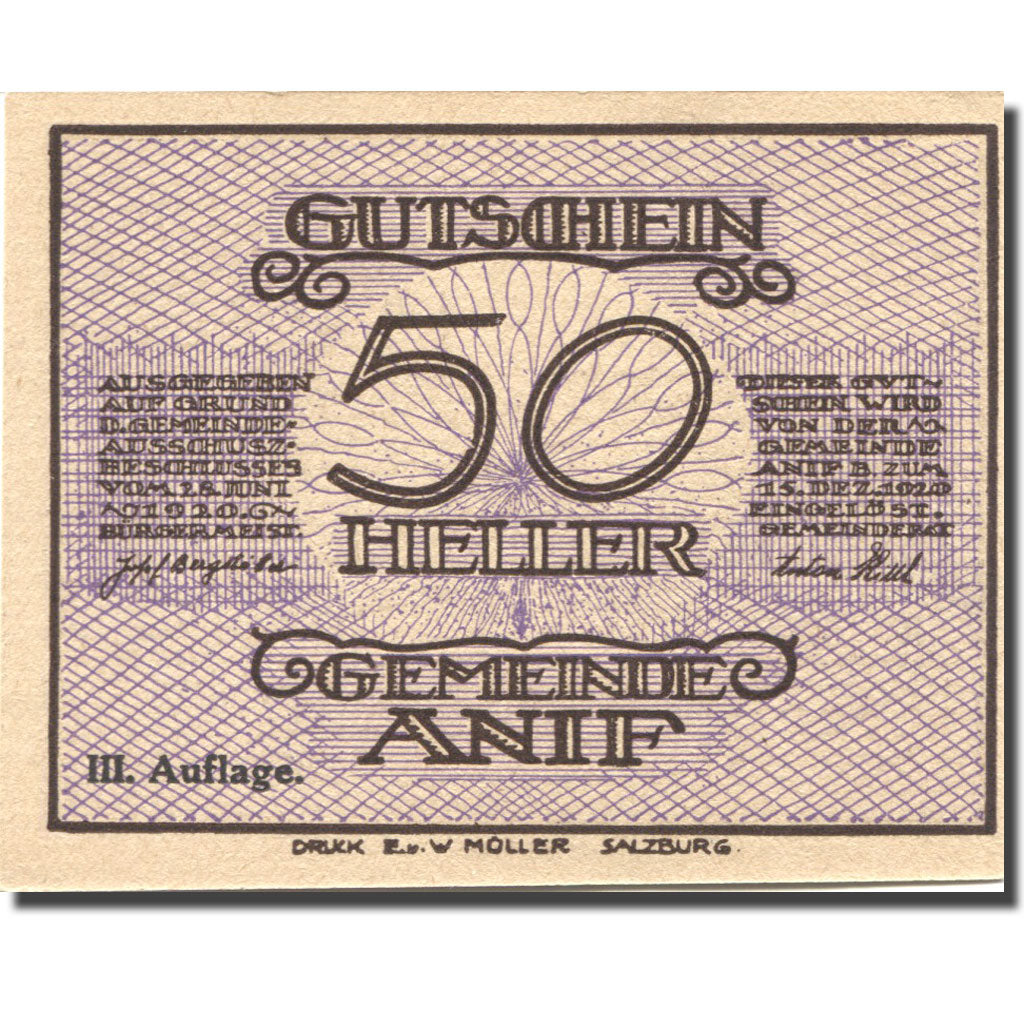 Banconote, Austria, Anif, 50 Heller, château 1920-12-15, SPL, Mehl:FS 43a
