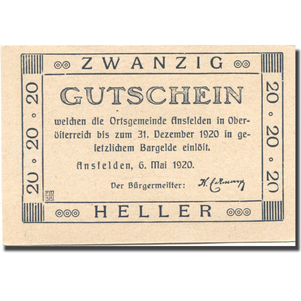 Banconote, Austria, Ansfelden, 20 Heller, château, 1920 SPL Mehl:FS 45Ia