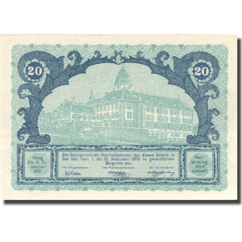 Banconote, Austria, Oberhollabrunn, 20 Heller, château, 1920 SPL Mehl:FS 683a