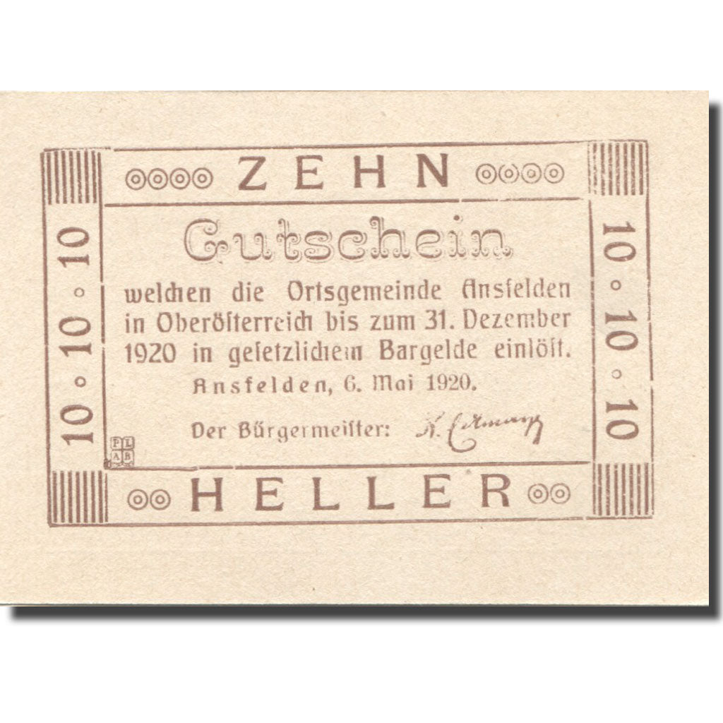 Geldschein, Österreich, Ansfelden, 10 Heller, Eglise, 1920 UNZ- Mehl:FS 45Ia