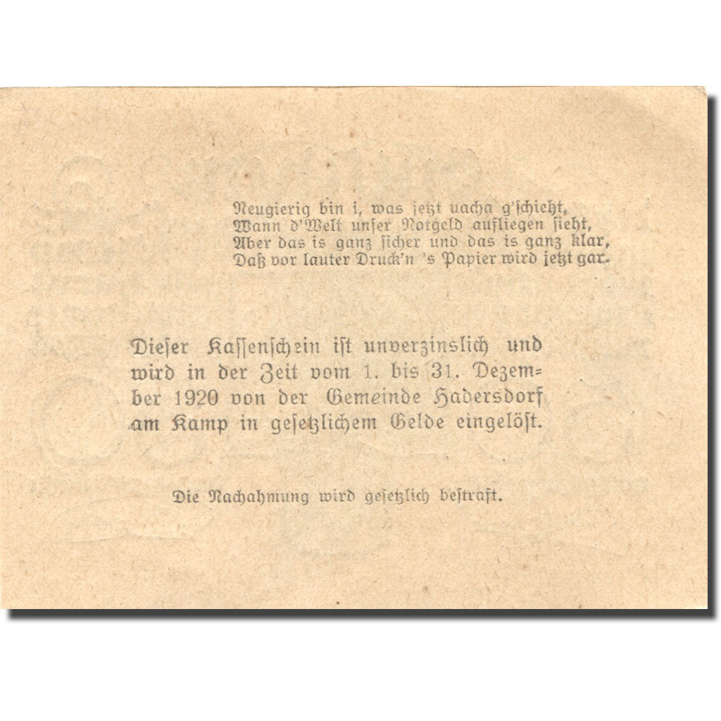 Banconote, Austria, Hadersdorf, 50 Heller, Blason, 1920 SPL Mehl:FS 324b