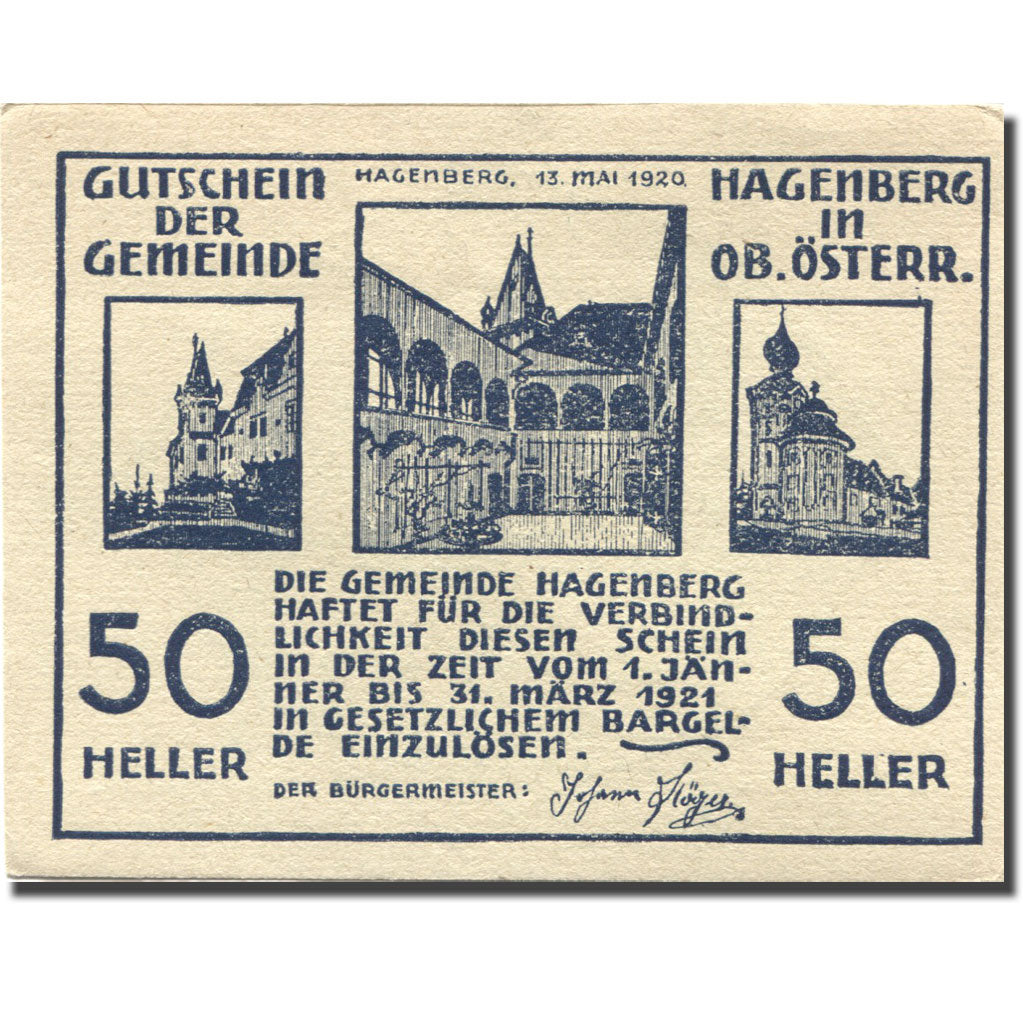 Banknot, Austria, Hagenberg, 50 Heller, château, 1921, 1921-03-31, UNC(63)