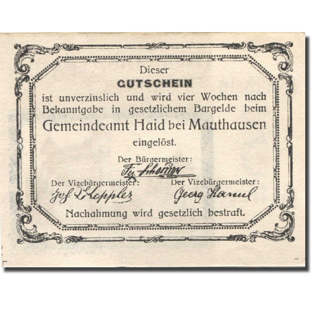 Banconote, Austria, Haid, 5 Heller, cimetière, SPL, Mehl:FS 334II