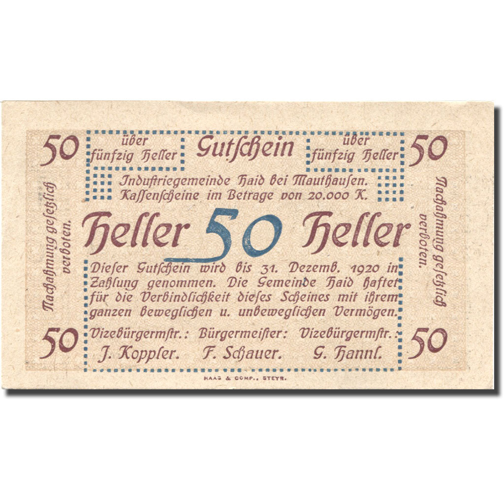 Banconote, Austria, Haid, 50 Heller, cimetière 1, 1920 SPL Mehl:FS 334Ia