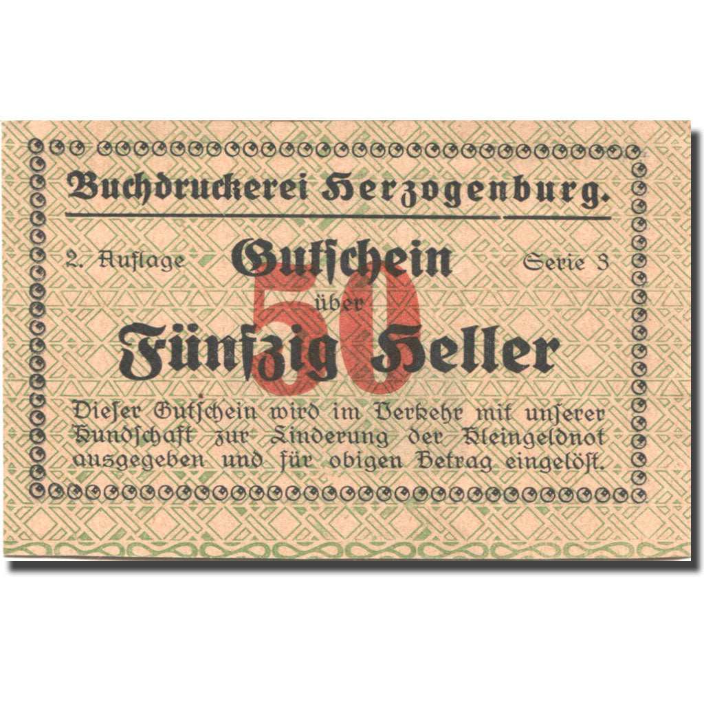 Banconote, Austria, Herzogenburg, 50 Heller, entrepôt, SPL, Mehl:FS 369IIIg