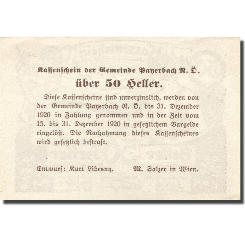 Banconote, Austria, Payerbach, 50 Heller, montagne, 1920 SPL Mehl:FS 725