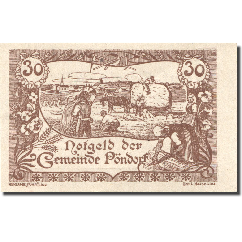 Biljet, Oostenrijk, Pöndorf, 30 Heller, agriculteur, 1920 SPL Mehl:FS 757d