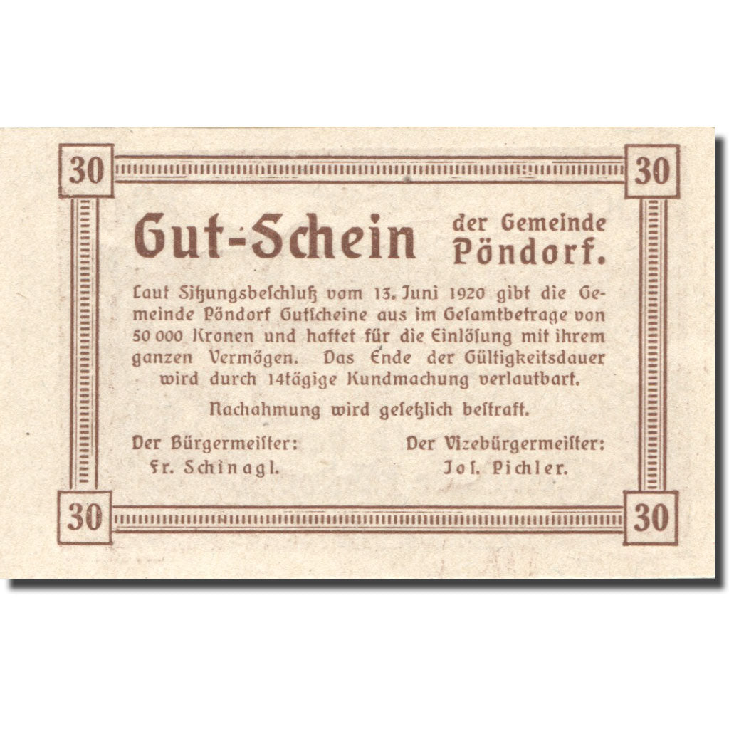 Biljet, Oostenrijk, Pöndorf, 30 Heller, agriculteur, 1920 SPL Mehl:FS 757d