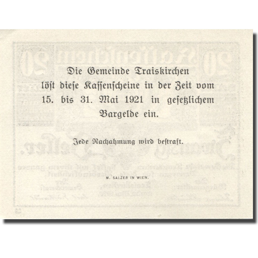 Banconote, Austria, Traiskirchen, 20 Heller, Eglise, 1920 SPL Mehl:FS 1077a
