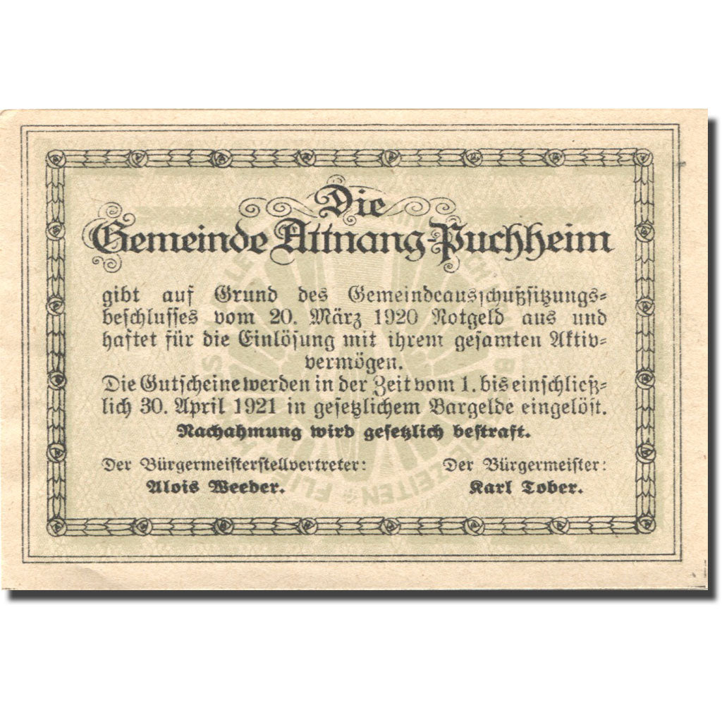 Billet, Autriche, Attnang-Puchheim, 20Heller, village 1920-03-20 SPL Mehl:FS 61I