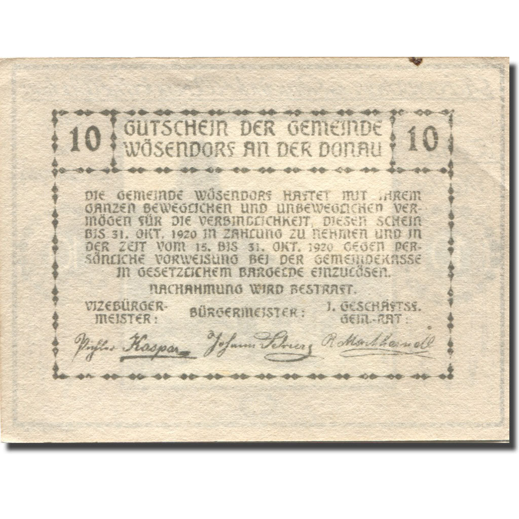 Banconote, Austria, Wösendorf, 10 Heller, village, 1920 SPL Mehl:FS 1255a
