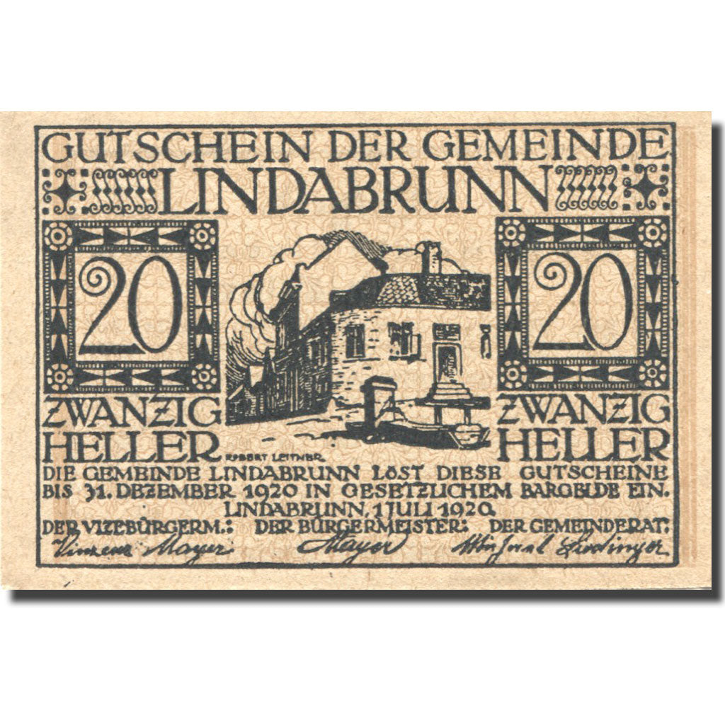 Geldschein, Österreich, Lindabrunn, 20 Heller, ferme, 1920 UNZ- Mehl:FS 527a