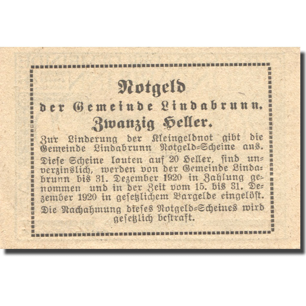 Geldschein, Österreich, Lindabrunn, 20 Heller, ferme, 1920 UNZ- Mehl:FS 527a