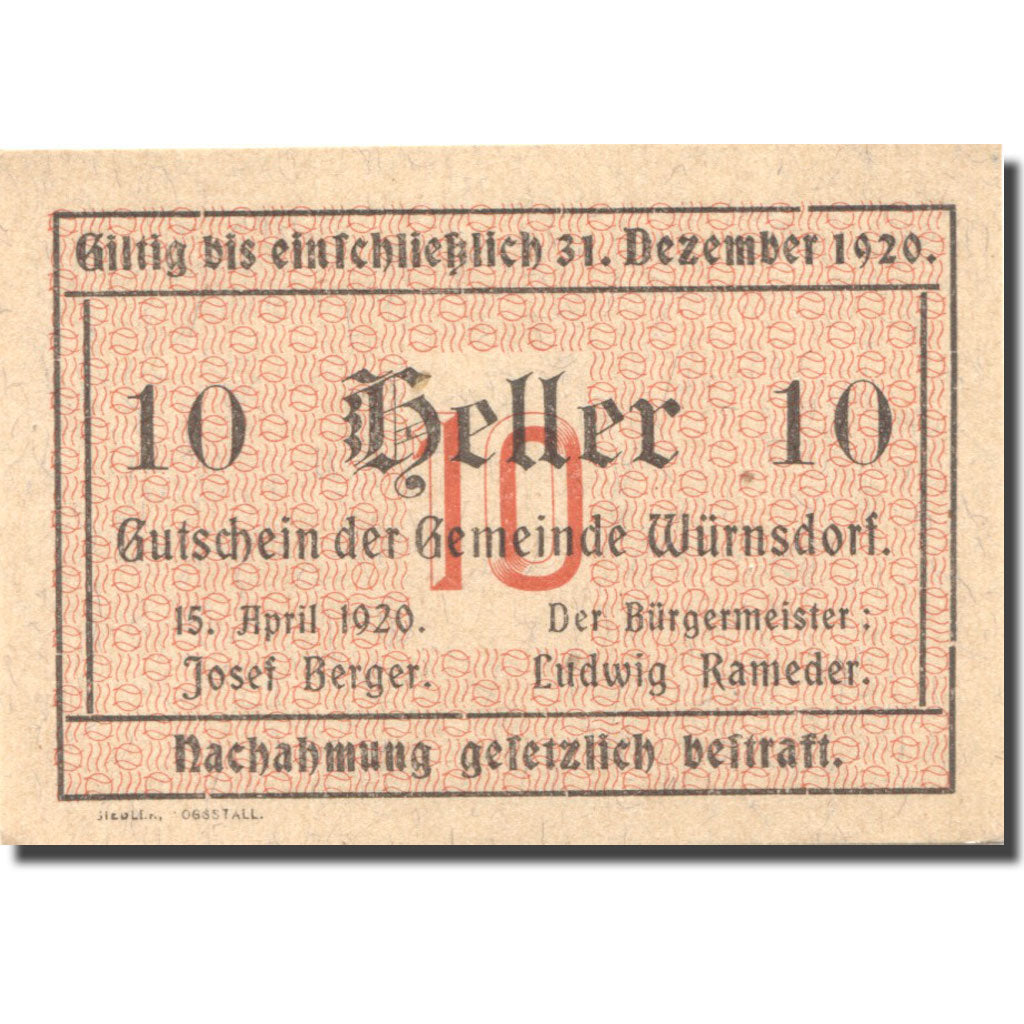 Banconote, Austria, Würnsdorf, 10 Heller, valeur faciale, 1920 SPL Mehl:FS 1257
