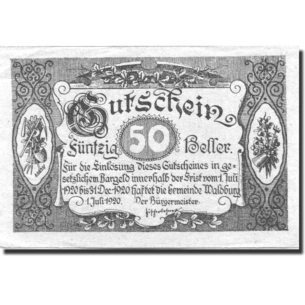 Billet, Autriche, Waldburg, 50 Heller, village 1920-12-31, SPL Mehl:FS 1130
