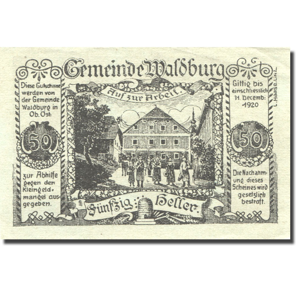 Billet, Autriche, Waldburg, 50 Heller, village 1920-12-31, SPL Mehl:FS 1130