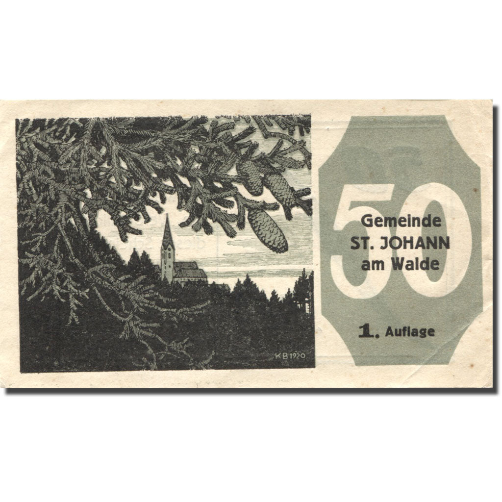 Billet, Autriche, St Johann am Walde, 50 Heller, Eglise, 1921 TTB+  Mehl:FS 893a
