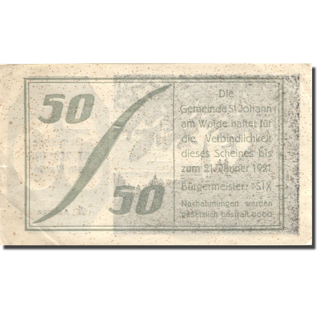 Billet, Autriche, St Johann am Walde, 50 Heller, Eglise, 1921 TTB+  Mehl:FS 893a