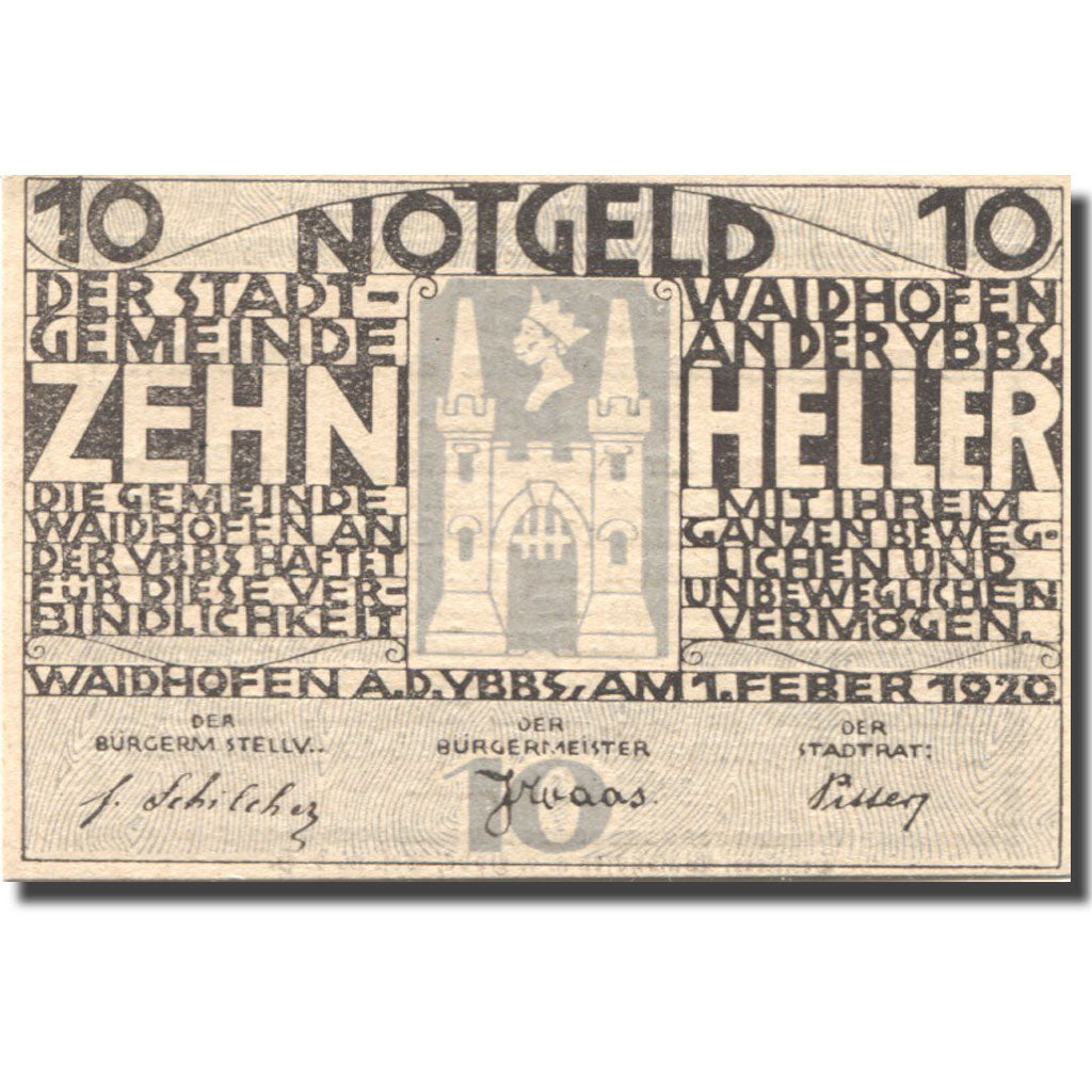 Banconote, Austria, Waidhofen 10 Heller, château, 1920 SPL Mehl:FS 1127Ia